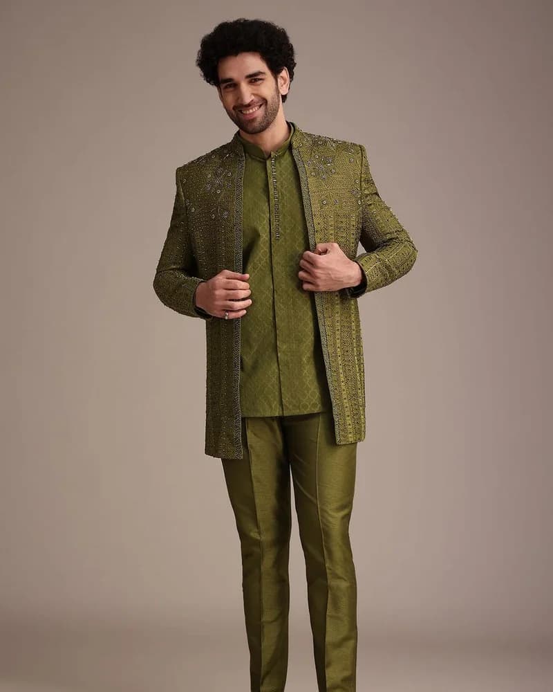 Mehendi Green Silk Zardosi Kurta Jacket Set