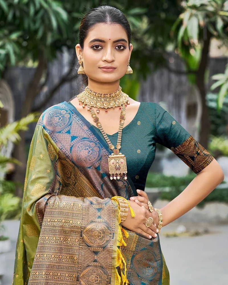 Olive Green Zari Woven Saree